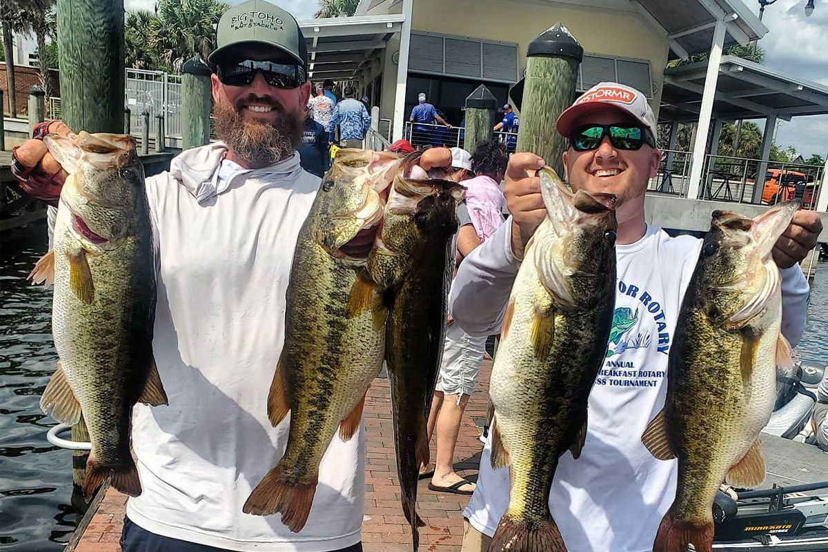 Three anglers holding bass after a fishing tournament